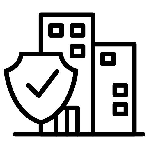 Symbol mit Gebäude und Schild, welches Sicherheit symbolisiert